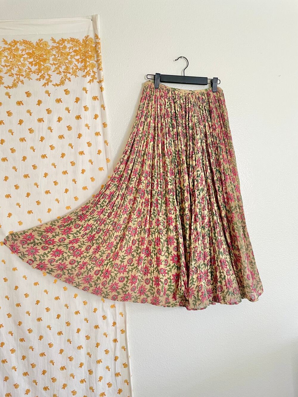 Vintage 70s Cotton Gauze Floral Maxi Skirt Boho Indian Block Print